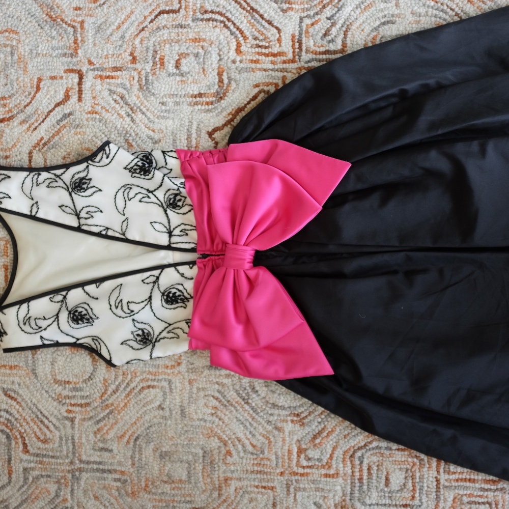 Francais by Huey Waltzer Vintage White Black Cocktail Dress Pink Bow Size 6